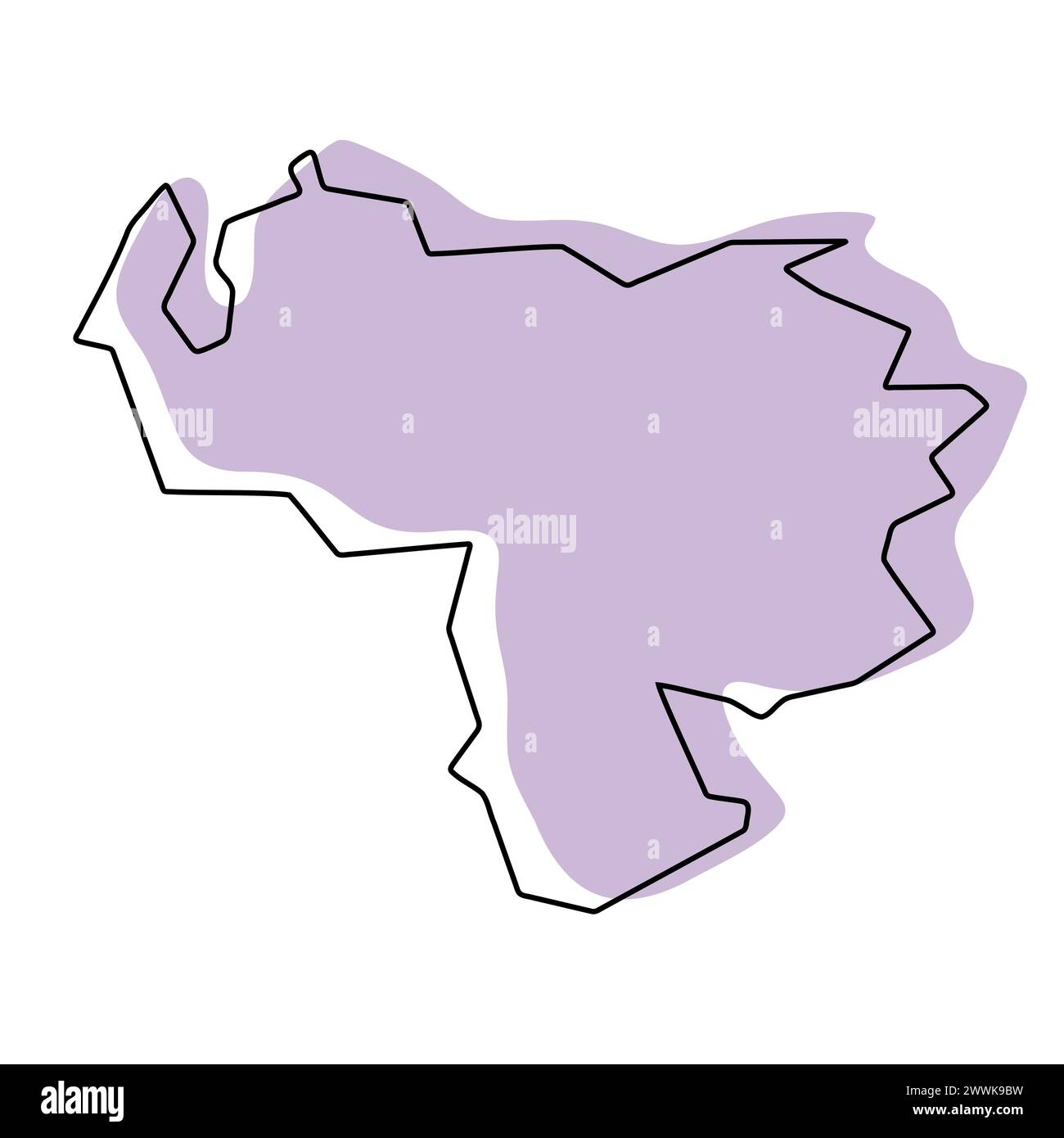 Mappa semplificata del paese del Venezuela. Silhouette viola con contorno sottile nero liscio isolato su sfondo bianco. Semplice icona vettoriale Illustrazione Vettoriale