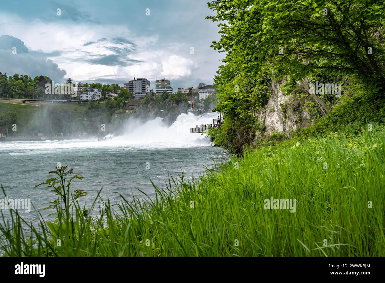Descrizione: I turisti apprezzano le potenti inondazioni d'acqua delle possenti Cascate del Reno dalla piattaforma di osservazione. Cascate del Reno, Neuhausen am Rheinfall, Schaff Foto Stock