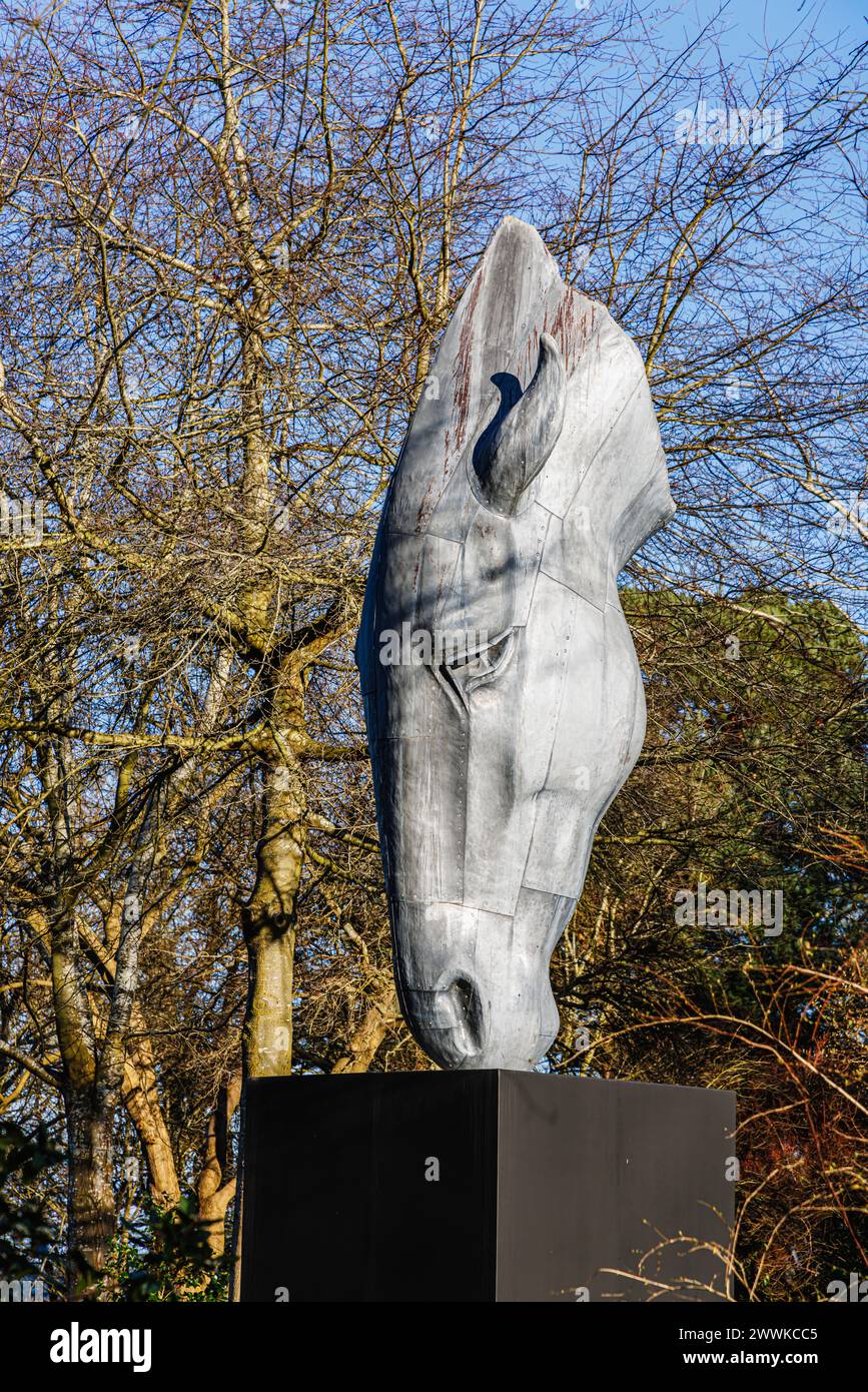 Grande scultura metallica «Still Water» di una testa di cavallo di NIC Fiddian-Green in cima a Battleston Hill presso RHS Garden Wisley in inverno Foto Stock