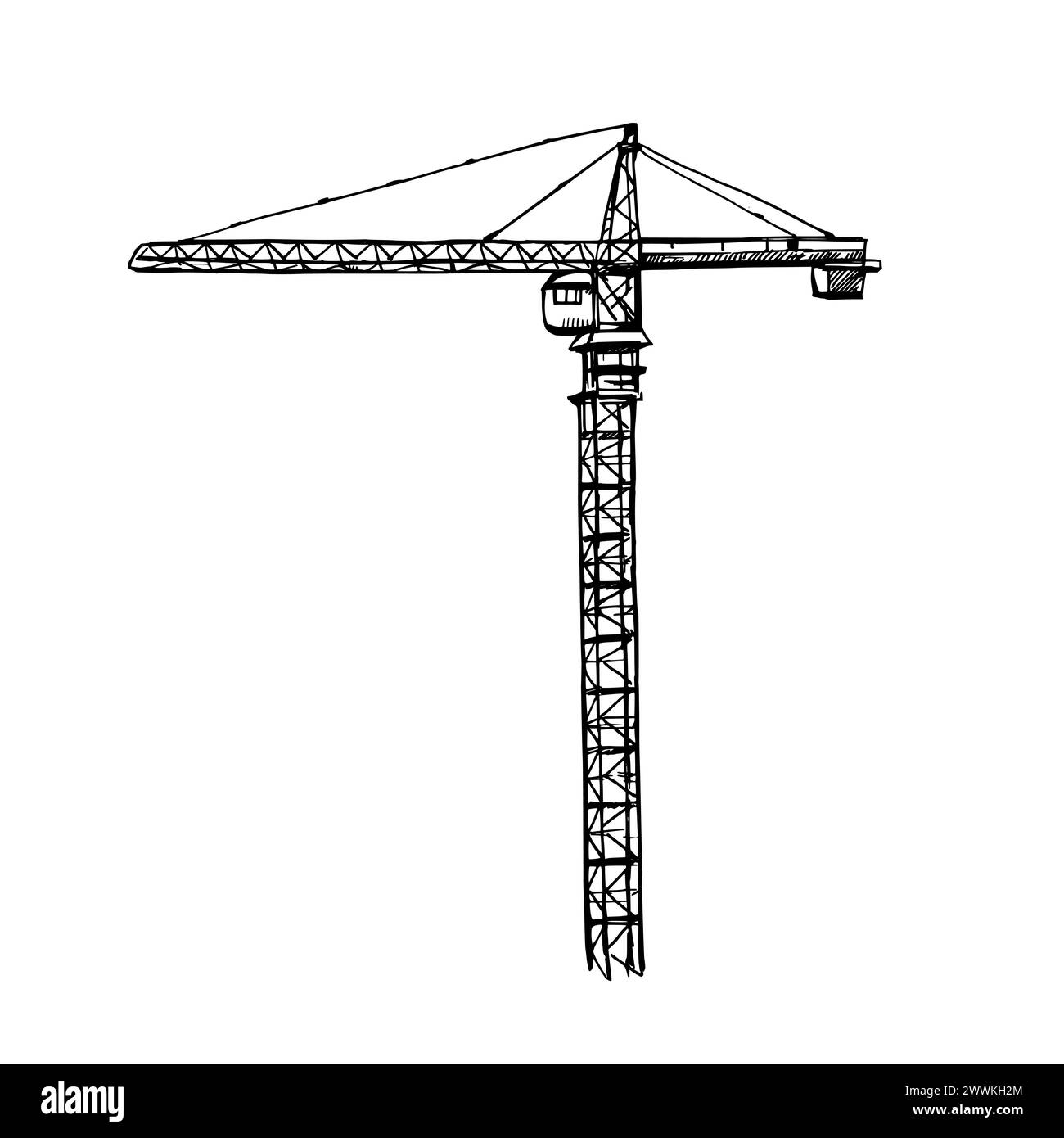 Disegno di schizzo con inchiostro della gru a torre isolato su sfondo bianco. Illustrazione vettoriale. Illustrazione Vettoriale