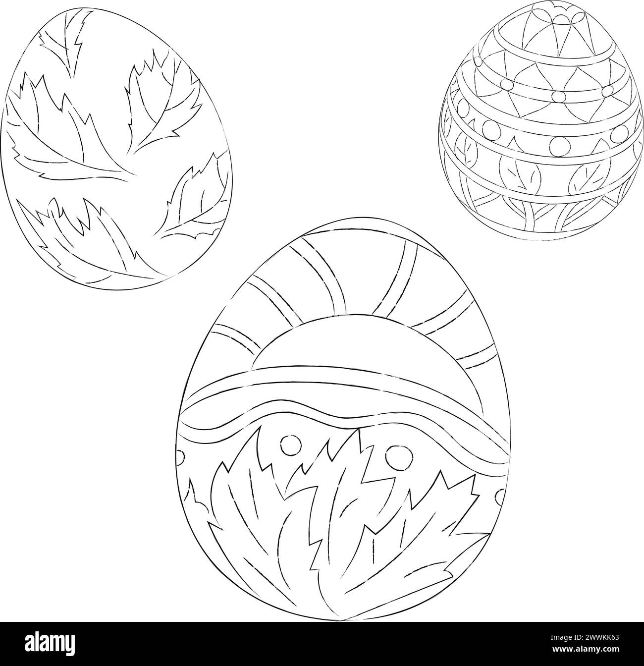 Arte di linea di 3 uova di Pasqua decorate con ornamenti. Illustrazione vettoriale delle uova di Pasqua decorate con motivi. Stile di pittura. Regalo natalizio Illustrazione Vettoriale