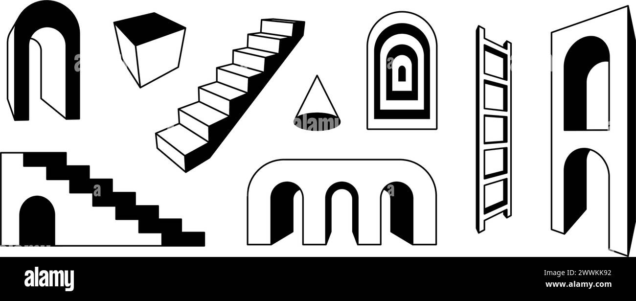 Scala e set di archi. Collezione di elementi geometrici surreali in bianco e nero. porta ad arco prospettico 3d, scala, gruppo cancello. Forme trippy per collage, poster, striscioni, adesivi. Pacchetto vettoriale Illustrazione Vettoriale