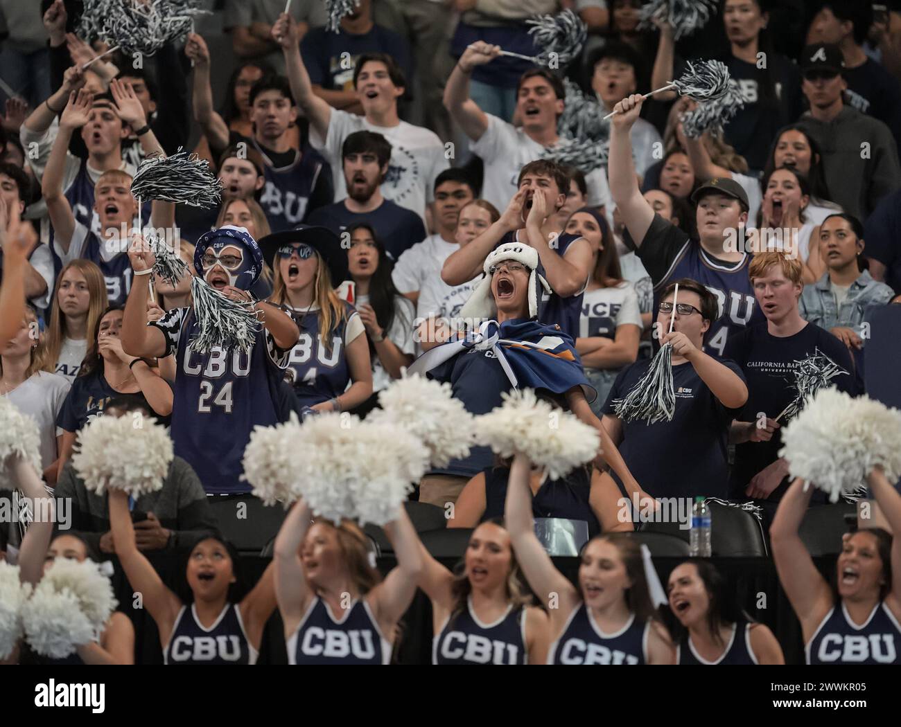 La studentessa dei California Baptist Lancers ha sicuramente dimostrato il proprio sostegno stasera per la squadra durante il torneo femminile NCAA 2024 - Round of 64, Los angles, California, sabato 23 marzo 2024.UCLA Bruins ha battuto California Baptist Lancers 84-55 (David Venezia / immagine dello sport) Foto Stock
