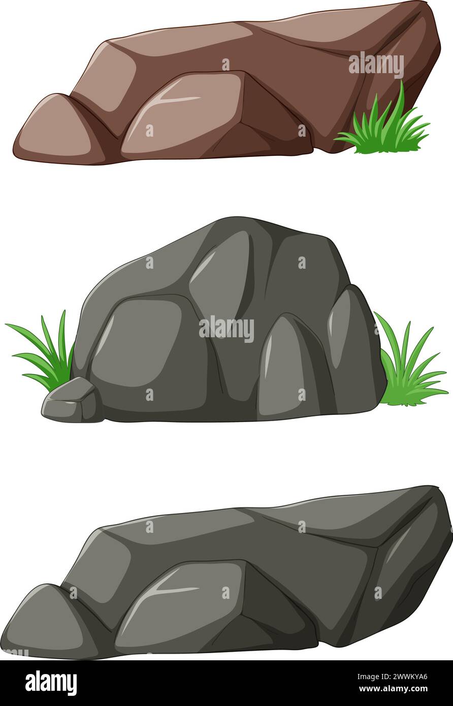 Tre rocce stilizzate con accenti di erba verde Illustrazione Vettoriale
