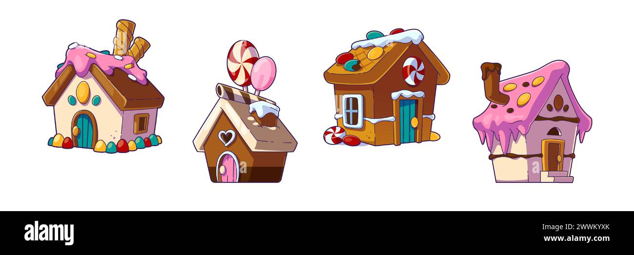 Fantasy Candy Land House per il set di cartoni animati. Dolciumi dolci con creme per la città delle fiabe di cioccolato. Fantastico dolce da sogno della principessa fatto in casa di zucchero e oggetti di città lecca-lecca Illustrazione Vettoriale