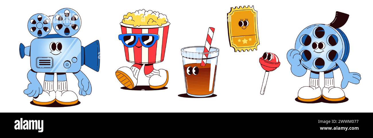 Carino film e cartoni animati di popcorn. Illustrazione per bambini con mascotte cinematografiche e teatrali. Biglietto divertente, secchio di mais pop, soda e design umoristico lecca-lecca. Caramelle e rotoli con set di mascherine isolate Illustrazione Vettoriale Carino film e cartoni animati di popcorn. Illustrazione per bambini con mascotte cinematografiche e teatrali. Biglietto divertente, secchio di mais pop, soda e design umoristico lecca-lecca. Caramelle e rotoli con set di mascherine isolate Illustrazione Vettoriale