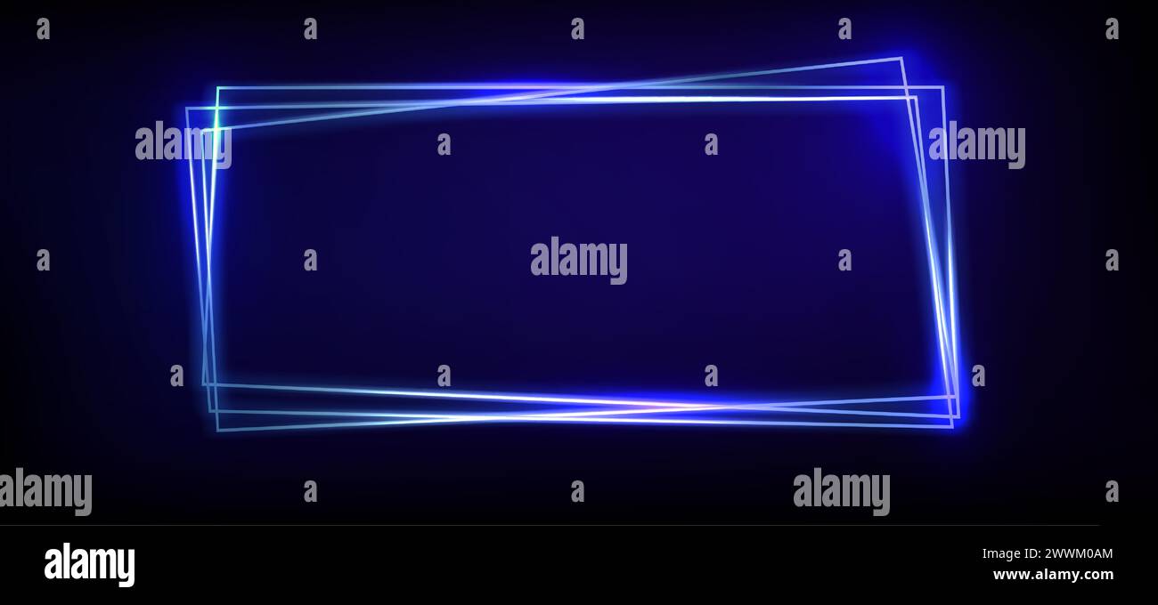 Cornice rettangolare con bagliore al neon blu. Illustrazione vettoriale realistica del bordo triplo e della casella di testo. Striscione rettangolare con linea luminosa a parete con spazio vuoto. Stile futuristico rétro per feste e cartelloni. Illustrazione Vettoriale