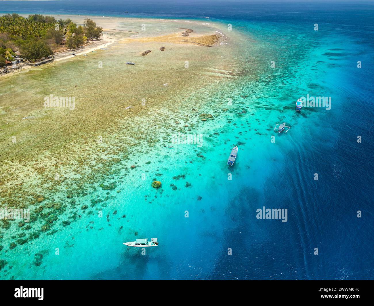 Vista aerea di nuotatori e snorkelling da barche turistiche sopra una barriera corallina tropicale in un oceano caldo (Gili Air, Lombok, Indonesia) Foto Stock