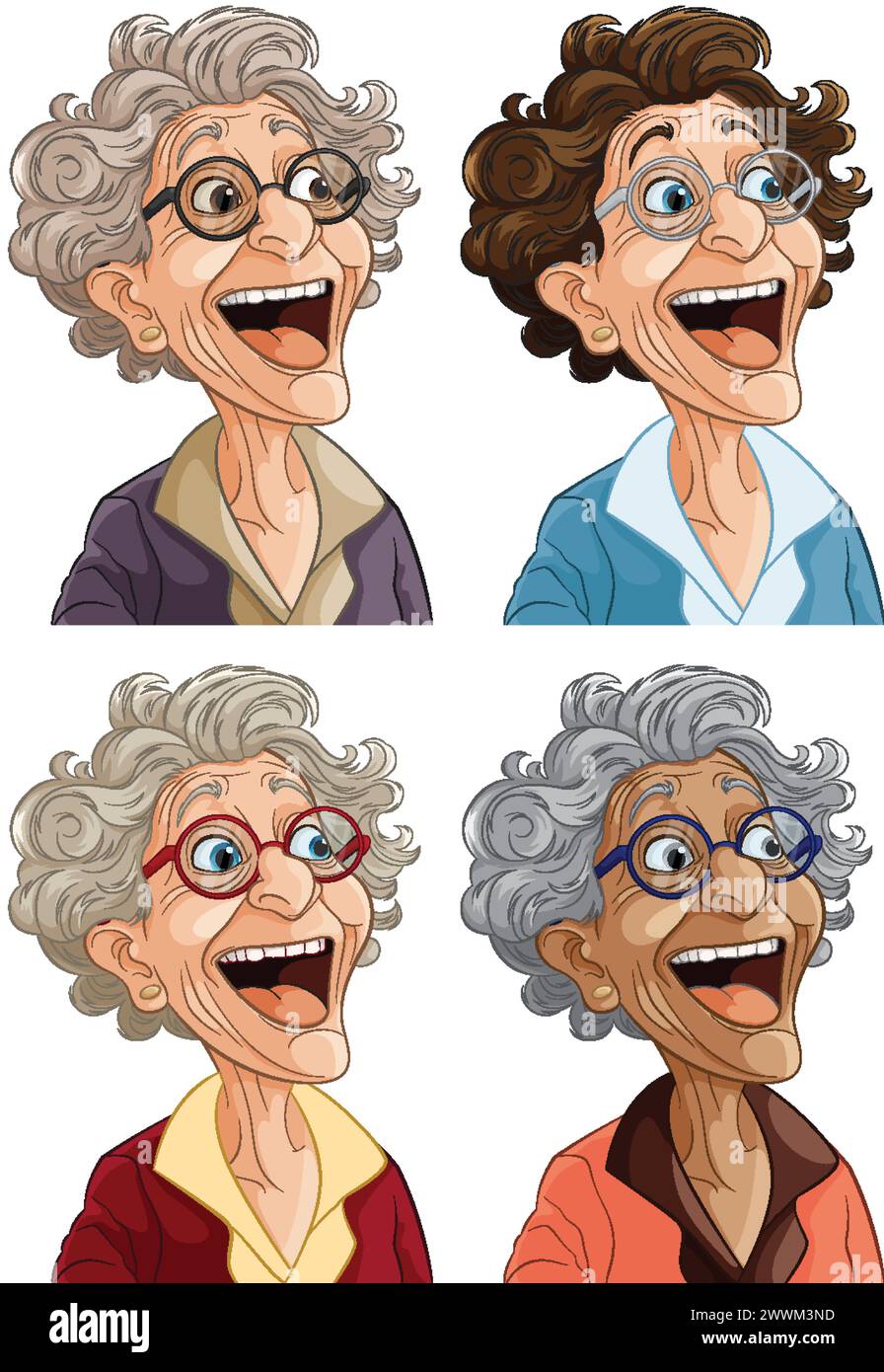 Quattro espressioni gioiose di una donna anziana cartoni animati. Illustrazione Vettoriale