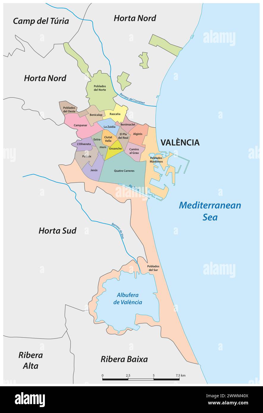 Mappa amministrativa vettoriale della città spagnola di Valencia Foto Stock