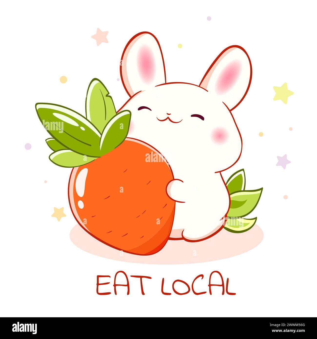 Carta in stile kawaii con simpatico coniglietto con carota. Concetto di cibo naturale e biologico locale. Iscrizione Eat Local. Può essere utilizzato per la stampa di t-shirt, Foto Stock