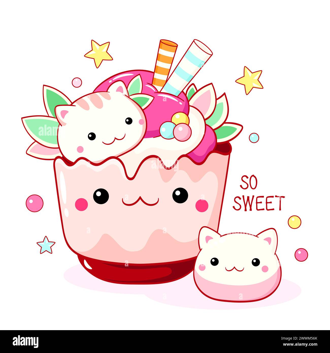 Delizioso dessert a forma di gatto in stile kawaii. Torta, muffin e cupcake con panna montata e frutti di bosco. Iscrizione così dolce. Può essere utilizzato per la stampa di t-shirt, s Foto Stock