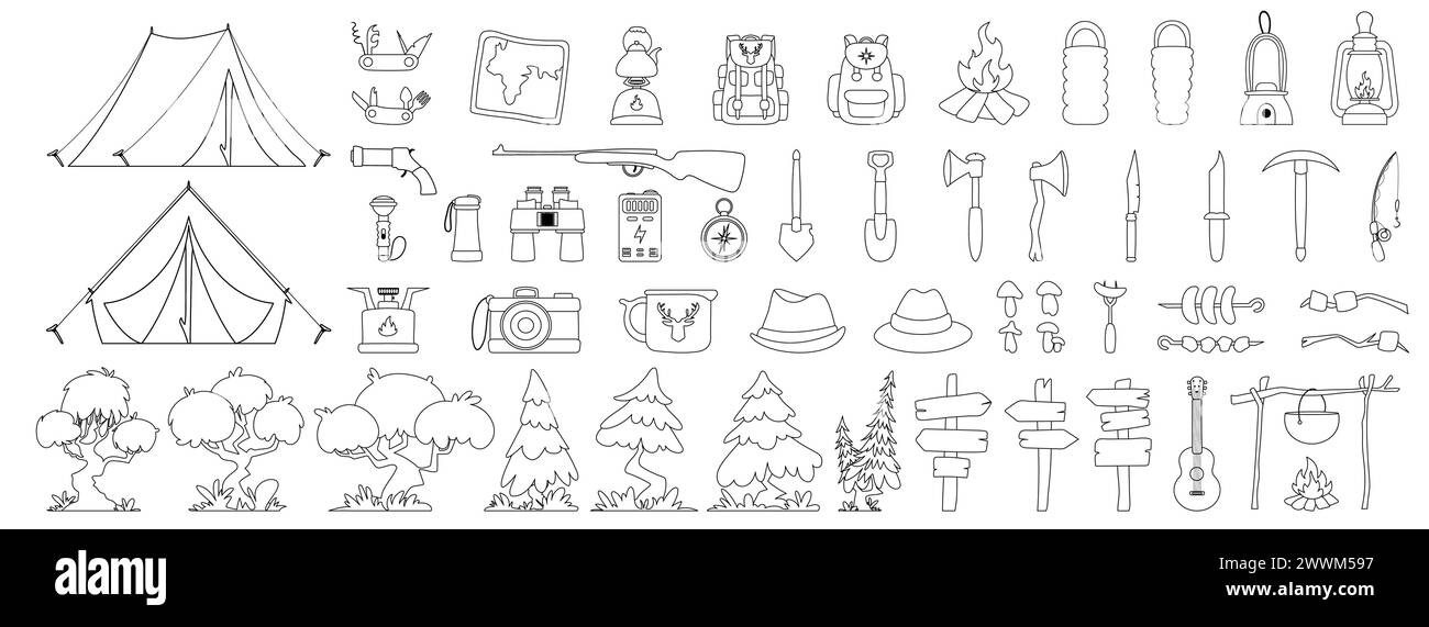 Ampia gamma di campeggi, turismo, viaggi. Albero, erba, abete rosso e tenda gialla. Zaino da viaggio e sacco a pelo. Salsicce fritte, shish kebab e. Illustrazione Vettoriale