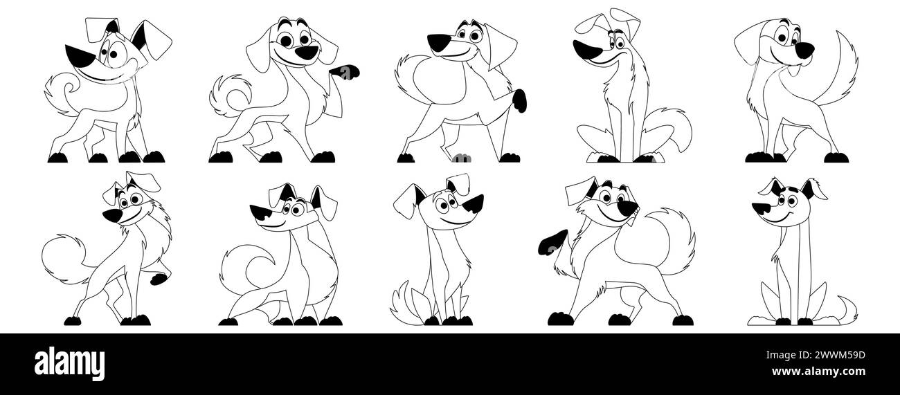 Set vettoriale per cani carini in stile lineare nero. I personaggi dei cani o dei cuccioli creano una collezione di colori piatti in diverse pose. Set di simpatici animali domestici. Illustrazione Vettoriale