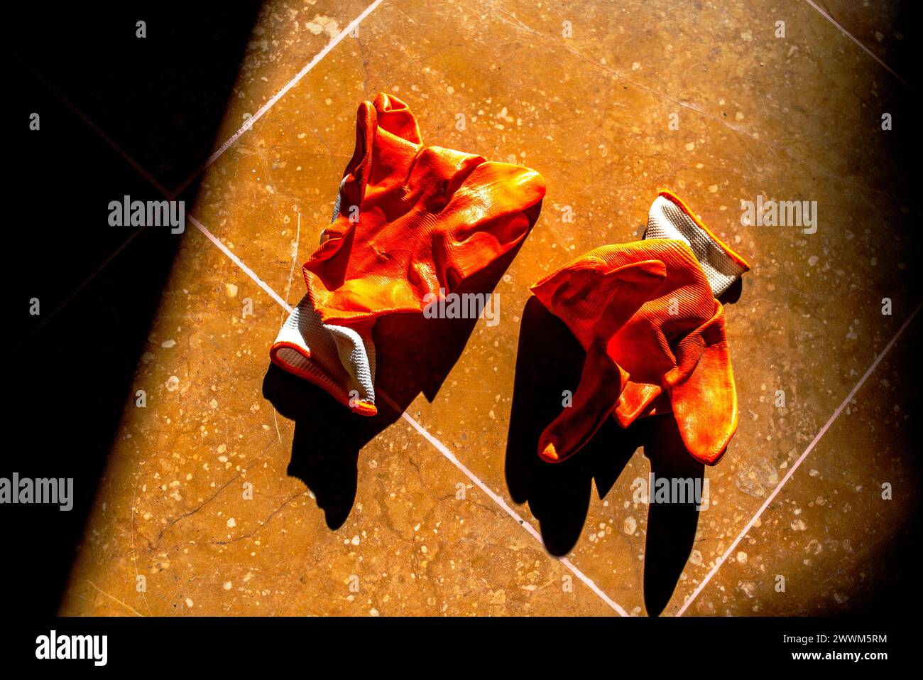 Il guanto per i lavoratori in un terreno soleggiato fornisce una protezione essenziale per le mani per le attività di lavoro all'aperto sotto la luce del sole. Foto Stock