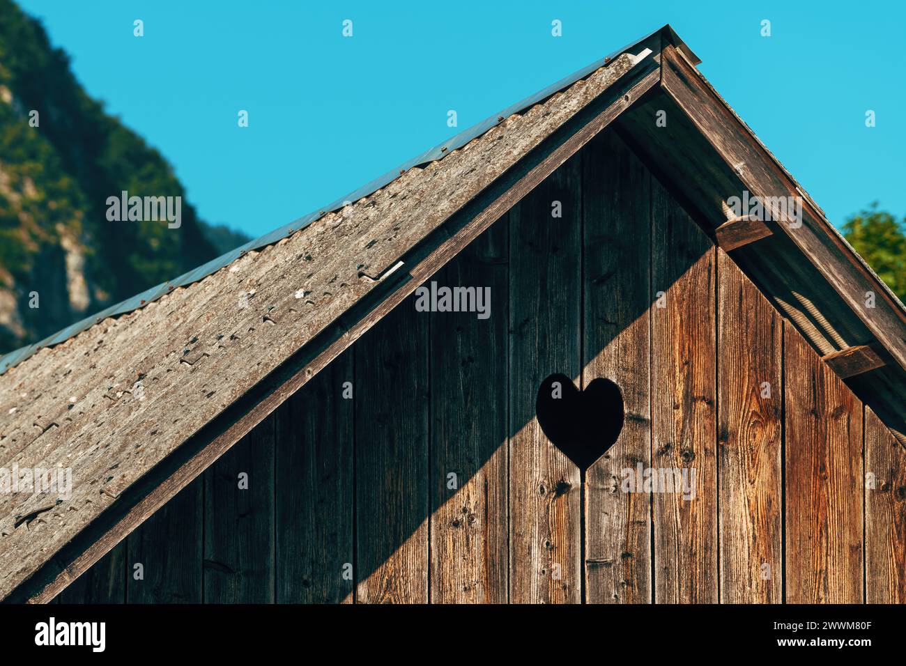 Foro per piccione a forma di cuore in un capannone in legno, dettaglio della regione di Bohinj in Slovenia, attenzione selettiva Foto Stock