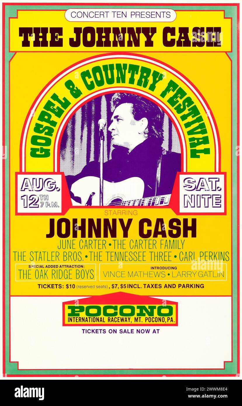 Johnny Cash, June Carter, The Carter Family, Carl Perkins - Gospel and Country Festival (Pocono Int Raceway, Concert Ten, 1972) Window Card Foto Stock