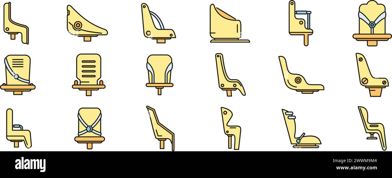 Le icone delle biciclette dei seggiolini per bambini impostano il vettore del contorno. Bicicletta per adulti. Attività ciclistica con linea sottile e colore piatto, isolata Illustrazione Vettoriale