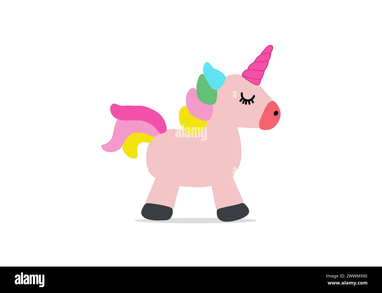 Una piccola simpatica illustrazione di unicorno. Personaggio da fiaba. Stampa vettoriale piatta, Magical kingdom Illustrazione Vettoriale