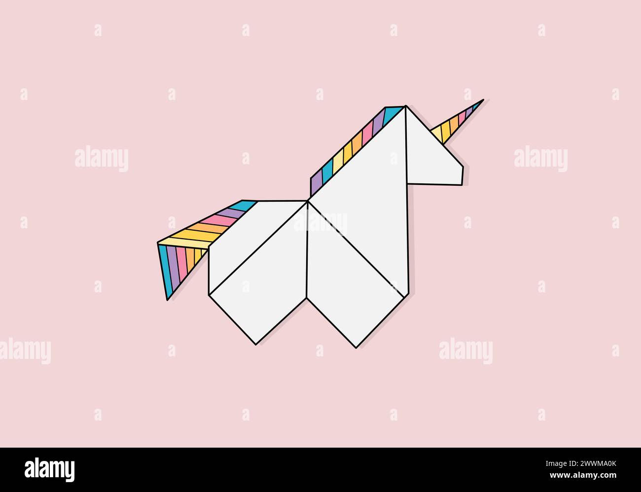 Illustrazione geometrica dell'unicorno origami su carta. Personaggio da fiaba. Stampa vettoriale piatta, Magical kingdom Illustrazione Vettoriale