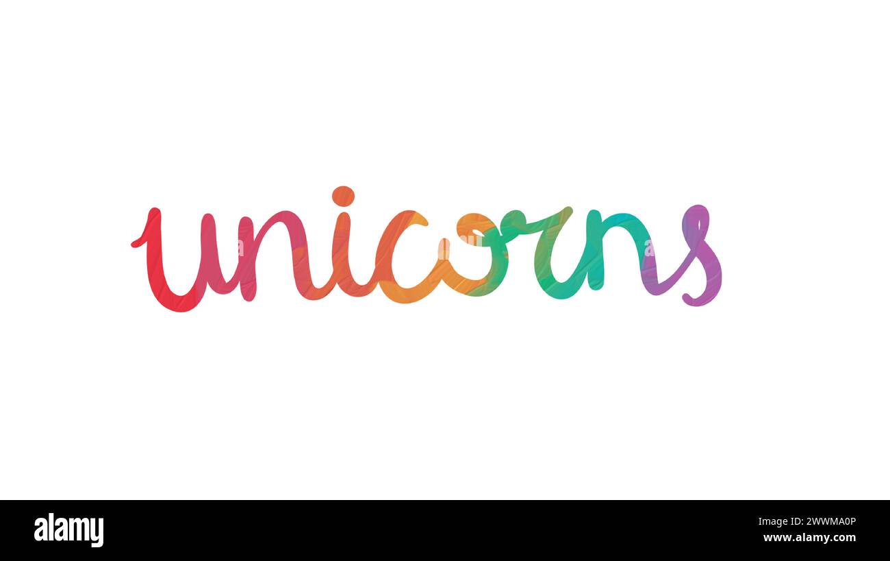Testo unicorno come logotipo, badge, patch e icona isolati su sfondo bianco. Unicorno scritto a mano per cartolina, cartolina, invito, volantino, templa per striscioni Illustrazione Vettoriale