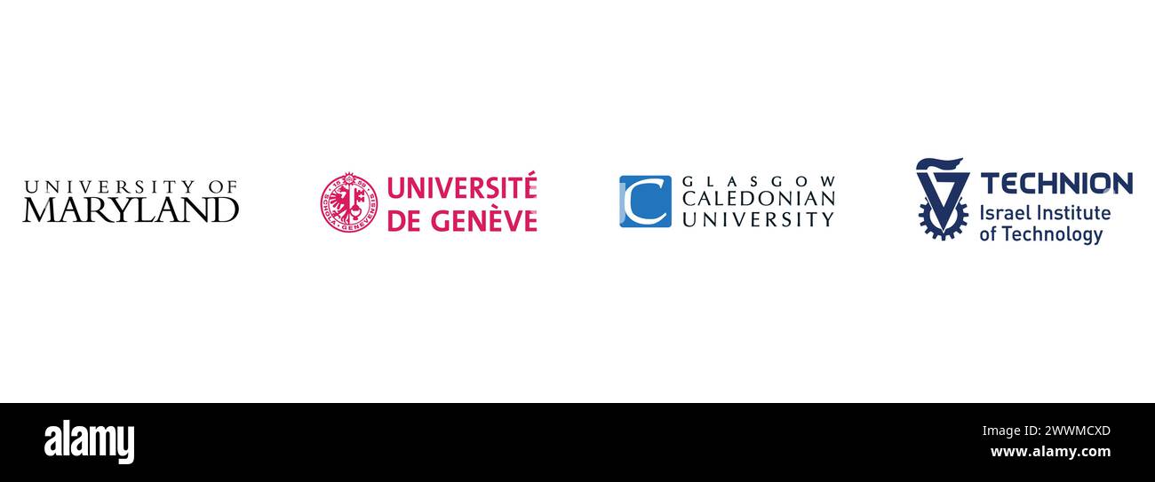 Università del Maryland, Technion, Glasgow Caledonian University, Università di Ginevra. Collezione di logo vettoriali editoriali. Illustrazione Vettoriale