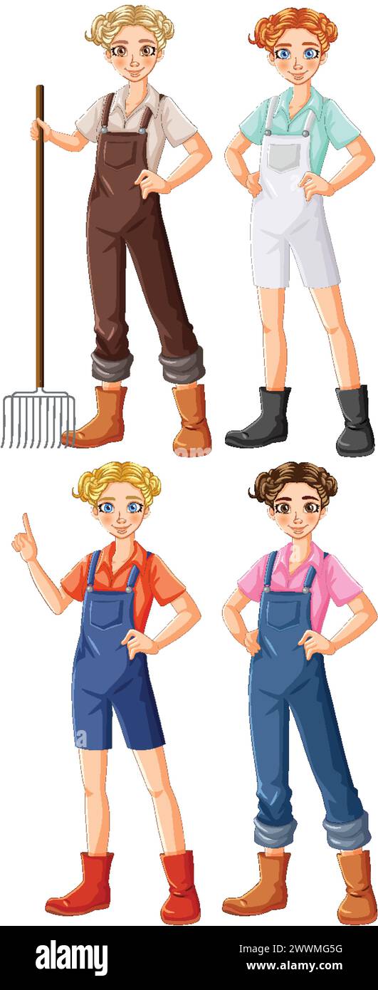 Quattro agricoltori di cartoni animati in vari abiti da lavoro. Illustrazione Vettoriale