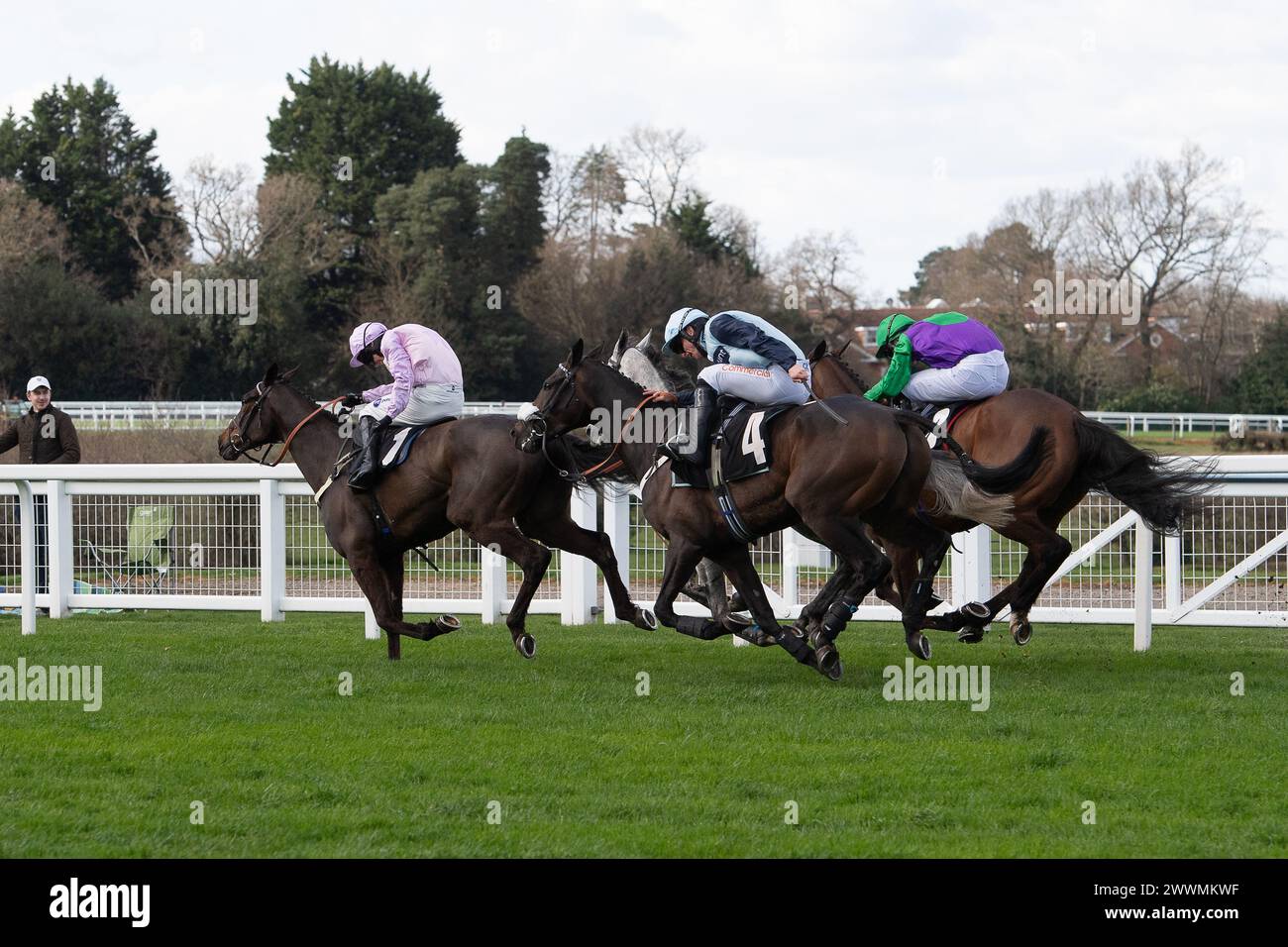 Ascot, Regno Unito. 24 marzo 2024. Horse King's Threshold cavalcato dal fantino Tom Bellamy (sete verde e viola) vince l'Ascot Racecourse Supports Achieving for Children handicap Steeple Chase presso il Spring Family Raceday presso l'Ascot Racecourse. Proprietario della navigazione a Bisanzio, allenatore Emma Lavelle, Marlborough, allevatore William Jenks, Sponsor Hatherden Horse Transport. Crediti: Maureen McLean/Alamy Live News Foto Stock