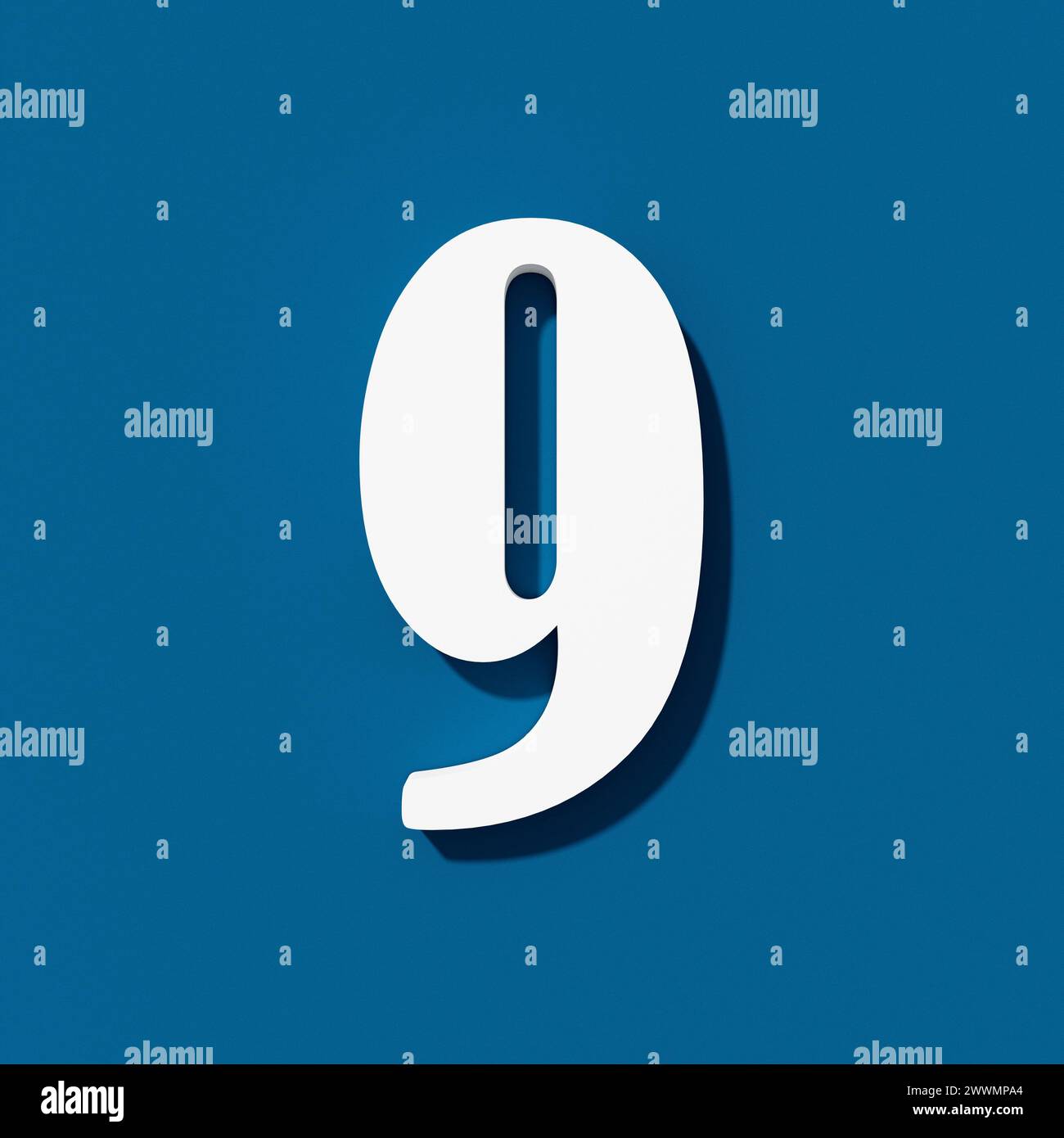 Numero 9 bianco su sfondo blu. Vista dall'alto. Rendering 3D. Foto Stock