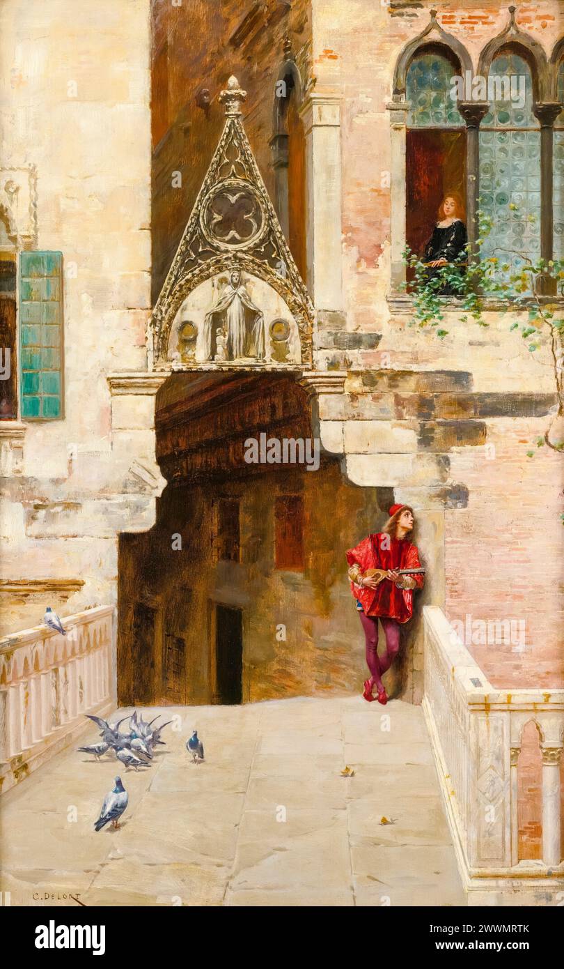 Romeo e Giulietta (atto II, scena II, giardino dei Cappucetti), dipinto ad olio su tavola di Charles Edouard Delort, prima del 1895 Foto Stock