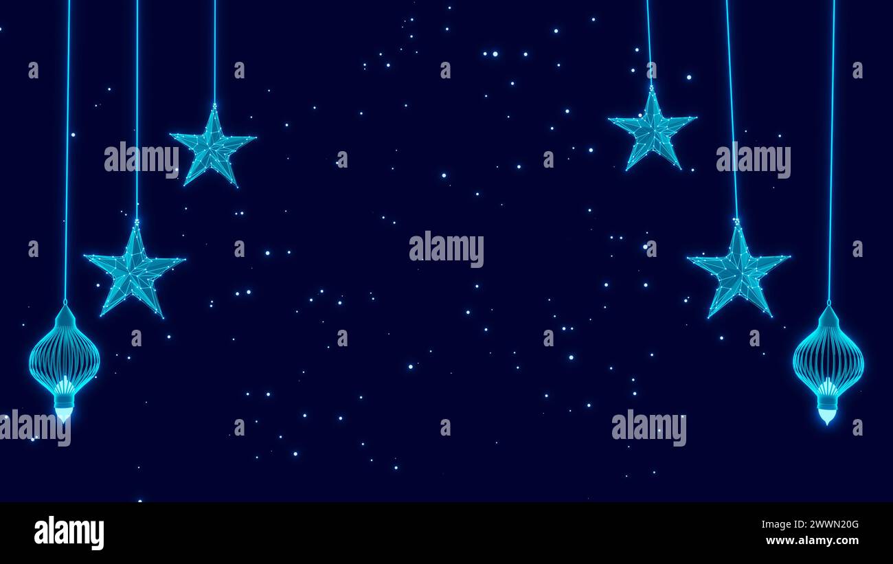 Stelle al neon e lanterne appese su sfondo blu scuro con particelle luminose 8k illustrazioni. Foto Stock