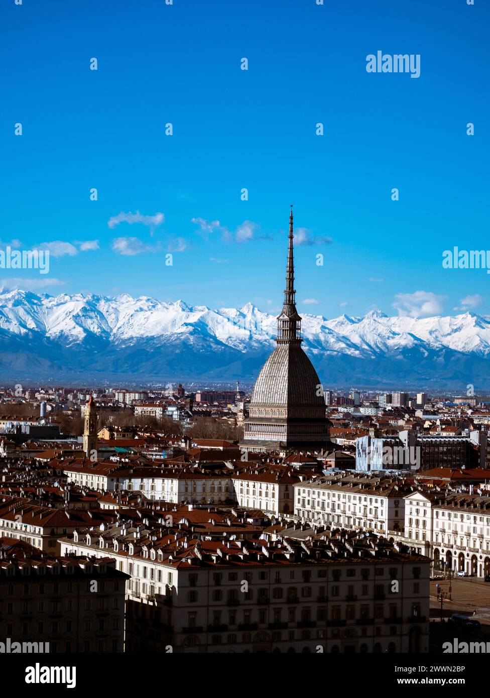 Vista sulla città dall'alto con montagne sullo sfondo. Torino, Italia. Foto Stock