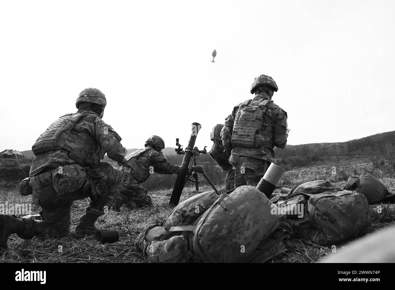 I paracadutisti dell'esercito statunitense assegnati al 1st Battalion, 503rd Infantry Regiment, 173rd Airborne Brigade sparano un sistema di mortai M252 81 mm durante l'esercitazione Eagle Ursa presso il campo di addestramento di Slunj, Croazia, 24 febbraio 2024. La 173rd Airborne Brigade è la forza di risposta alle emergenze dell'Esercito degli Stati Uniti d'America in Europa, fornendo forze rapidamente schierabili nelle aree di responsabilità dell'Europa, dell'Africa e del comando centrale degli Stati Uniti. Forward schierata in Italia e Germania, la brigata si allena regolarmente insieme agli alleati e ai partner della NATO per costruire partnership e rafforzare l'alleanza. Esercito Foto Stock