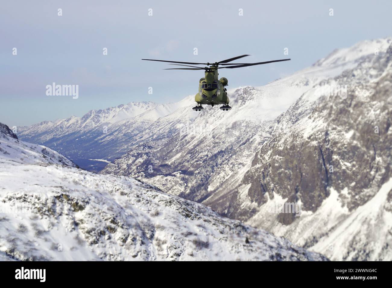 Un elicottero CH-47F Chinook della Guardia Nazionale dell'Alaska vola tra le montagne Chugach mentre conduce un addestramento con carico di fionda vicino alla Joint base Elmendorf-Richardson, Alaska, 28 febbraio 2024. I soldati dell'esercito degli Stati Uniti dell'Alaska Army National Guard Aviation Battalion hanno condotto l'addestramento con le fionde per migliorare la loro capacità di operare nell'ambiente duro dell'Alaska. (Alaska National Guard Foto Stock