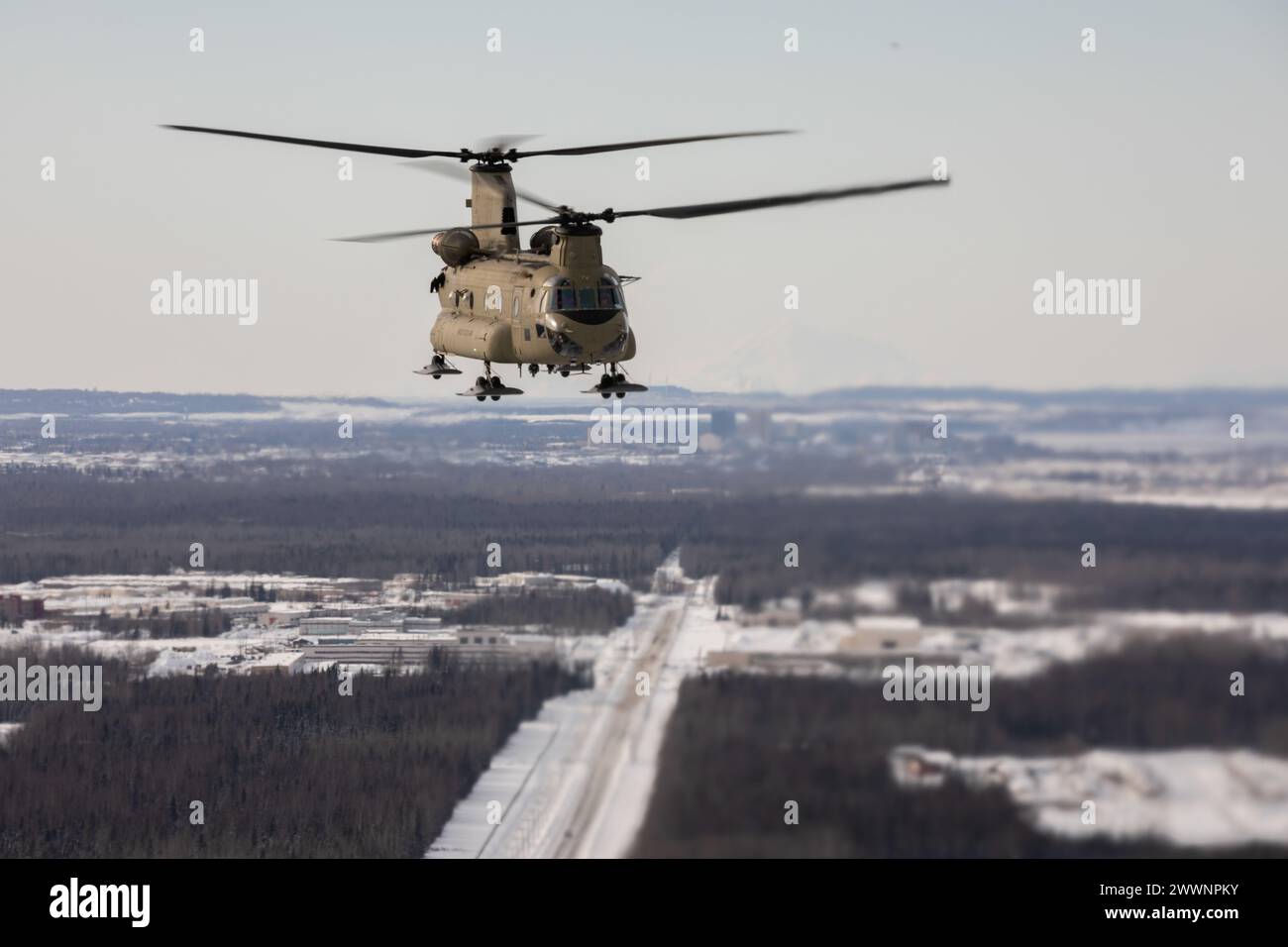 Un elicottero CH-47F Chinook della Guardia Nazionale dell'Alaska vola sopra la Joint base Elmendorf-Richardson, Alaska, mentre conduce un addestramento per il carico delle fionde, il 28 febbraio 2024. I soldati dell'esercito degli Stati Uniti dell'Alaska Army National Guard Aviation Battalion hanno condotto l'addestramento con le fionde per migliorare la loro capacità di operare nell'ambiente duro dell'Alaska. (Alaska National Guard Foto Stock