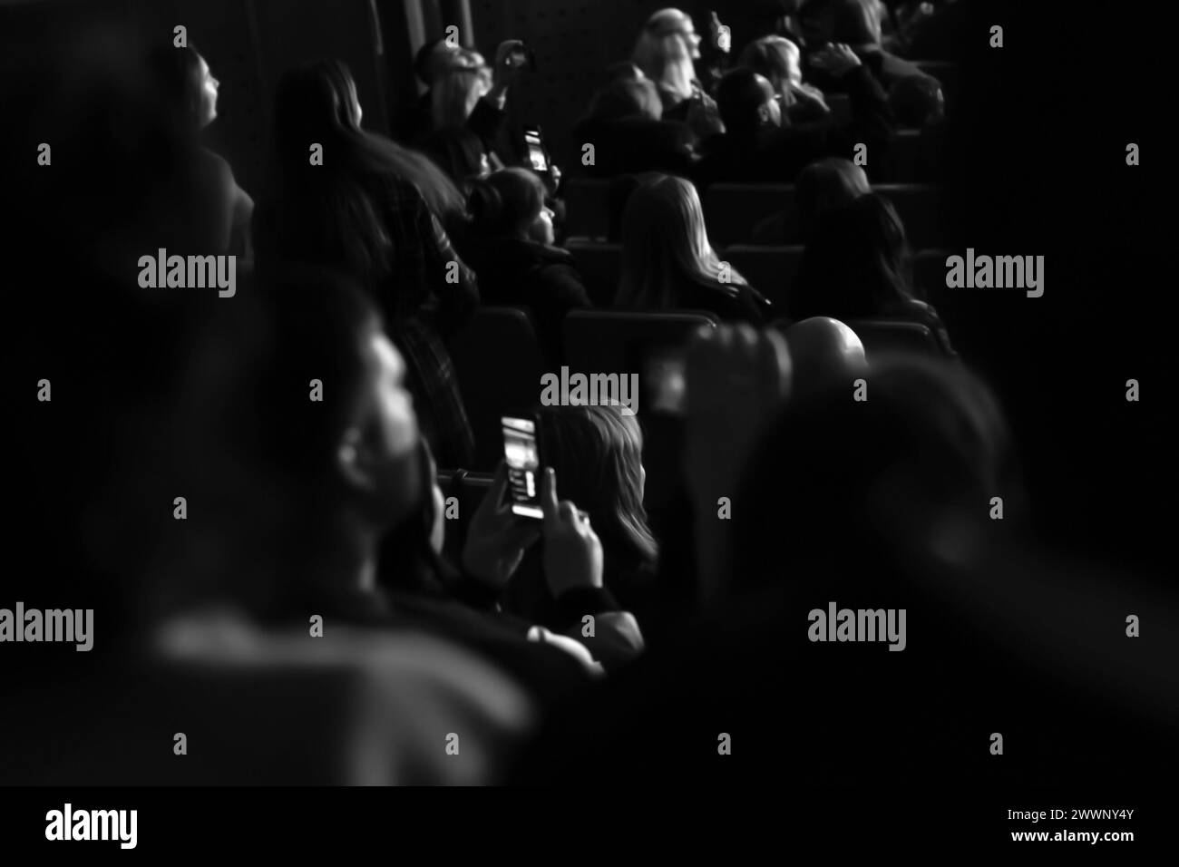 Immagine in bianco e nero delle persone. Società, auditorium, pubblico. Fotografia monocromatica che cattura una folla di individui. Diversità, società, unità, com Foto Stock