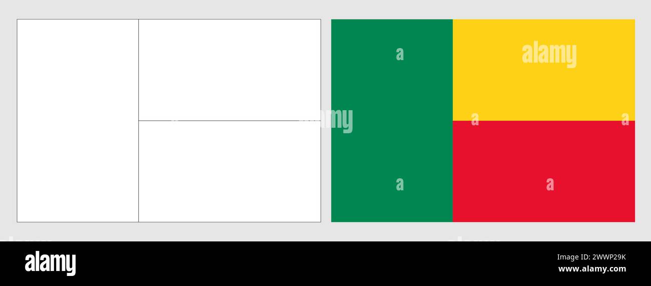 Bandiera Benin - pagina da colorare. Set di bandierine a reticolo bianco con contorno nero sottile e bandierine colorate originali. Illustrazione Vettoriale