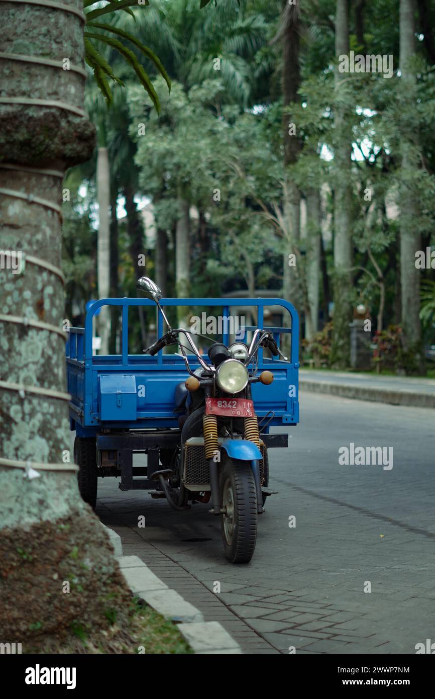 Una motocicletta a tre ruote utilizzata per trasportare merci parcheggiate sul lato della strada Foto Stock
