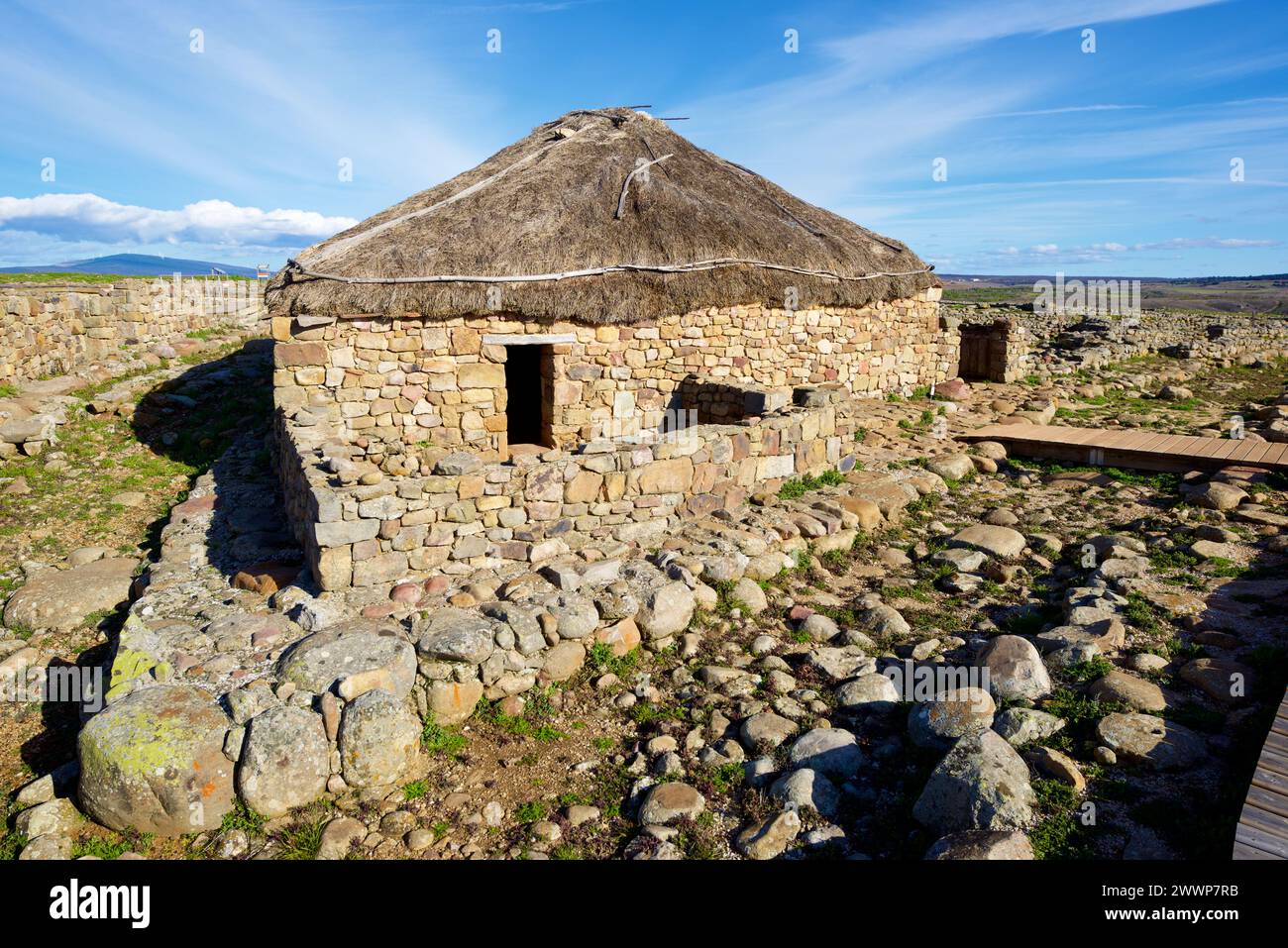 Ricreazione in casa nell'insediamento celtiberiano a Garray, provincia di Soria, Castilla Leon in Spagna. Foto Stock