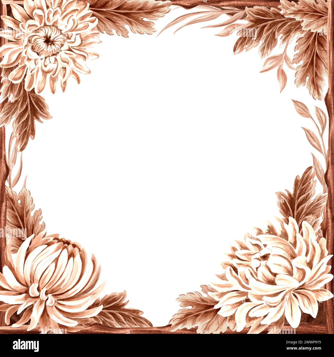 Cornice quadrata vintage con fiori di crisantemo. Illustrazione monocromatica ad acquerello autunnale disegnata a mano. Biglietto d'auguri d'autunno. Modello cartolina con co Foto Stock