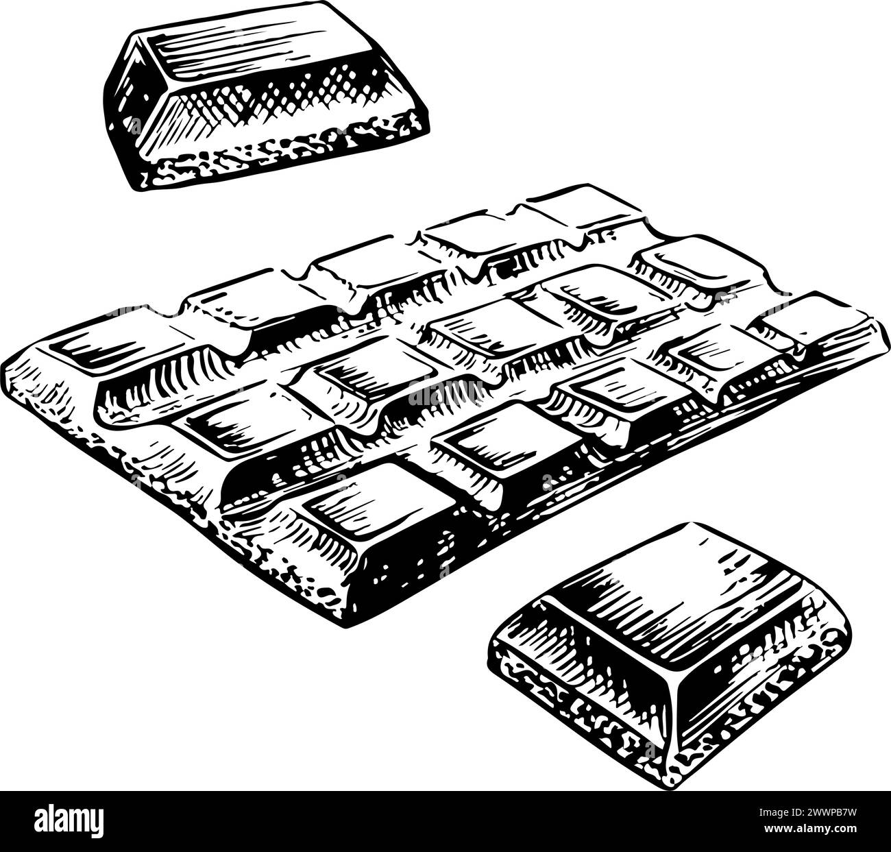 Tavoletta di cioccolato con pezzi di cioccolato, grafica vettoriale in bianco e nero, disegnata a mano. Per banner, volantini e menu. Per imballaggi, etichette e cartoline Illustrazione Vettoriale
