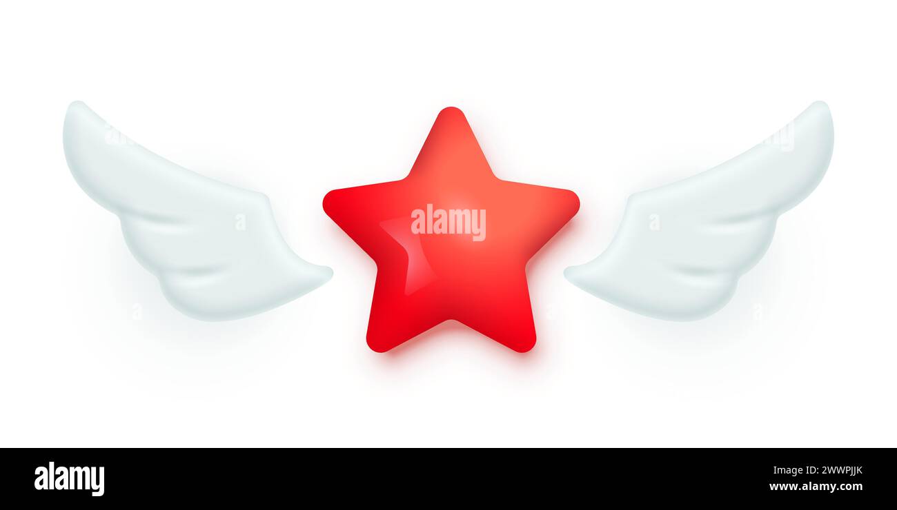 Stella rossa con ali bianche, illustrazione vettoriale dell'icona 3D. Oggetto volante per UI di gioco, valuta astratta, finanza e simbolo di successo con ombre isolate Illustrazione Vettoriale