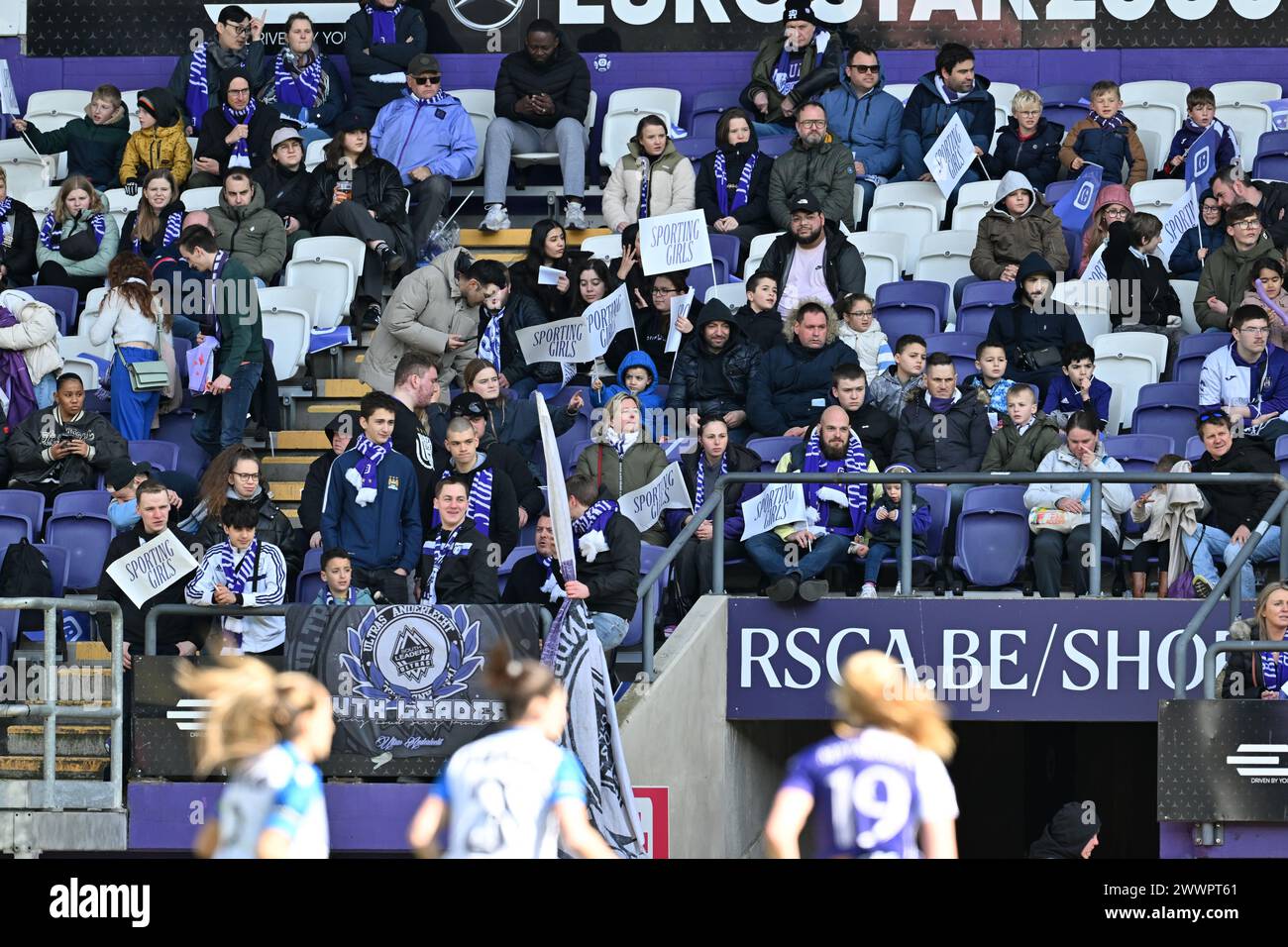 Anderlecht, Belgio. 23 marzo 2024. Tifosi e tifosi dell'Anderlecht nella foto durante una partita di calcio femminile tra l'RSC Anderlecht e il Club Brugge YLA nella prima partita dei play-off nella stagione 2023 - 2024 della belga lotto Womens Super League, sabato 23 marzo 2024 ad Anderlecht, Belgio. Crediti: Sportpix/Alamy Live News Foto Stock