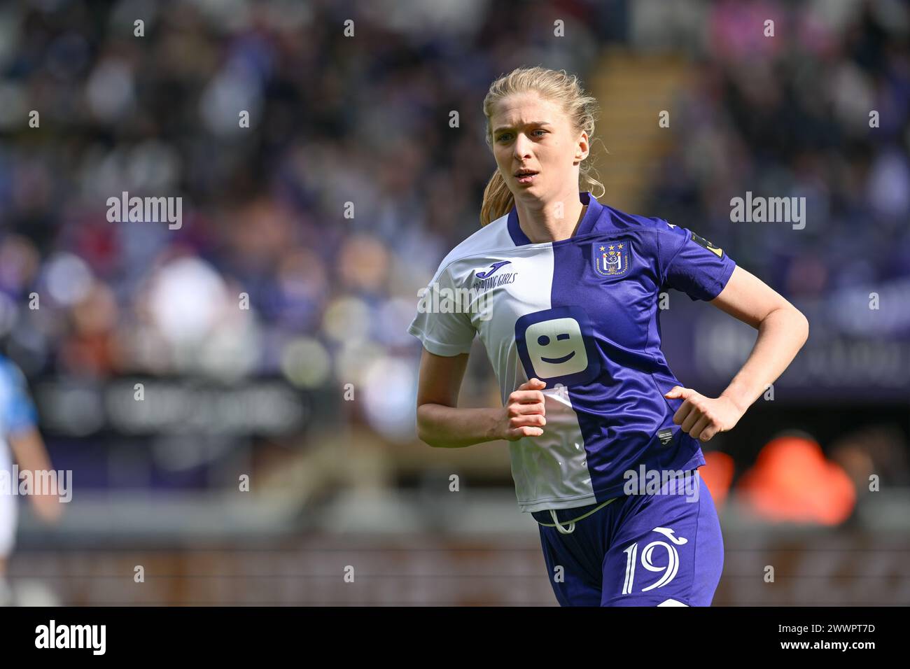 Anderlecht, Belgio. 23 marzo 2024. Ludmila Matavkova (19) di Anderlecht nella foto durante una partita di calcio femminile tra RSC Anderlecht e Club Brugge YLA nella prima partita dei play off nella stagione 2023 - 2024 della belga lotto Womens Super League, sabato 23 marzo 2024 ad Anderlecht, Belgio. Crediti: Sportpix/Alamy Live News Foto Stock