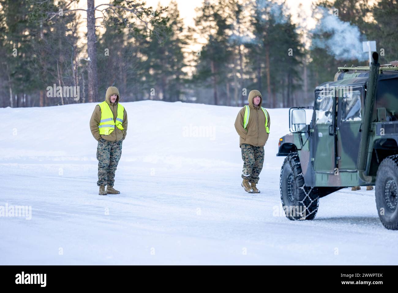 U.S. Marine Corps Sgt. Dalton Dee, Left, nativo dell'Arizona e specialista di supporto all'atterraggio, e il sergente Theodore Macejko IV, nativo dell'Ohio e capo delle operazioni di trasporto di motori, entrambi con Marine Wing Headquarters Squadron (MWHS) 2, 2nd Marine Aircraft Wing, istruiscono i Marines statunitensi durante un corso di addestramento stradale scivoloso in preparazione all'esercitazione Nordic Response 24 a Setermoen, Norvegia, 8 febbraio 2024. Exercise Nordic Response, precedentemente noto come Cold Response, è un evento di addestramento NATO condotto ogni due anni per promuovere la competenza militare in ambienti artici e per promuovere inter Foto Stock