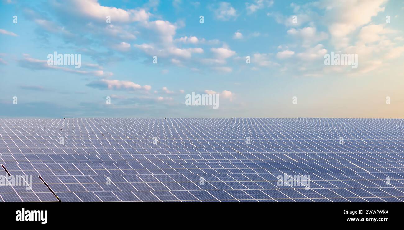 Un campo infinito di pannelli solari blu davanti a un cielo ammoso Foto Stock