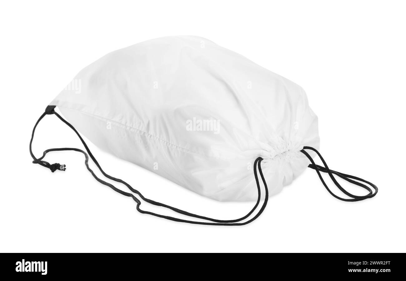Una bellissima borsa con coulisse isolata sul bianco Foto Stock