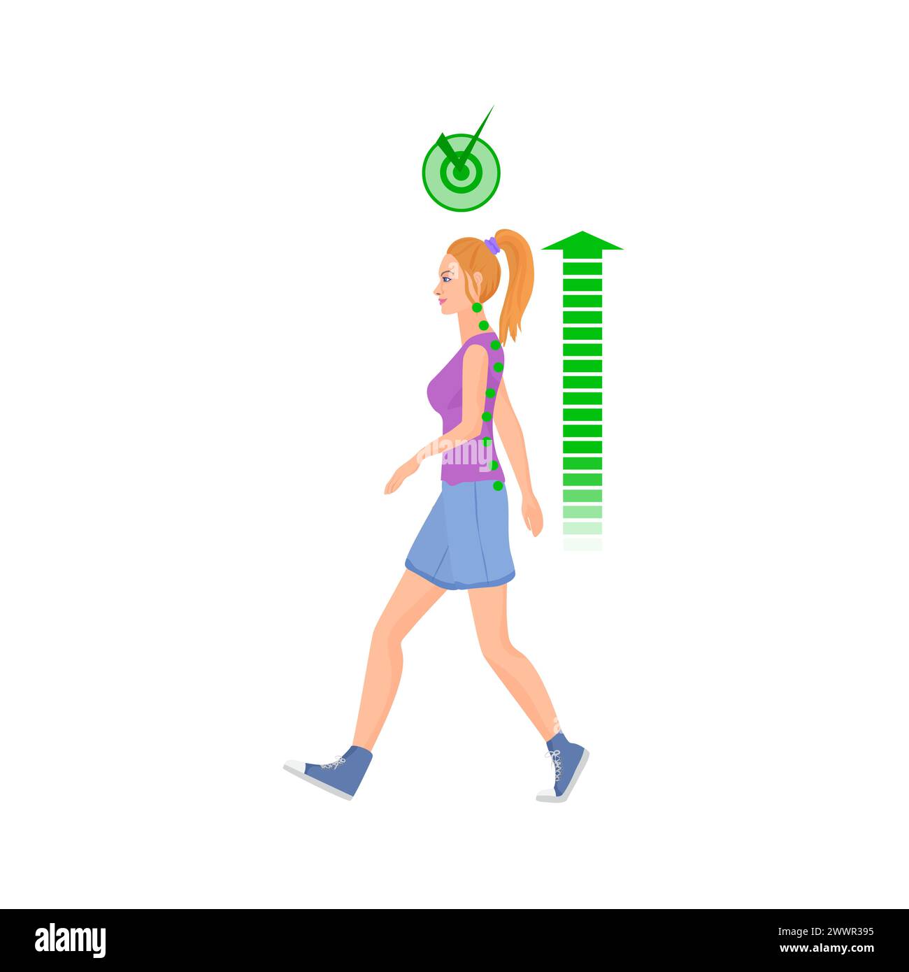 Donna che cammina nella corretta postura della colonna vertebrale. Salute della colonna vertebrale, buona posa illustrazione vettoriale del cartone animato Illustrazione Vettoriale