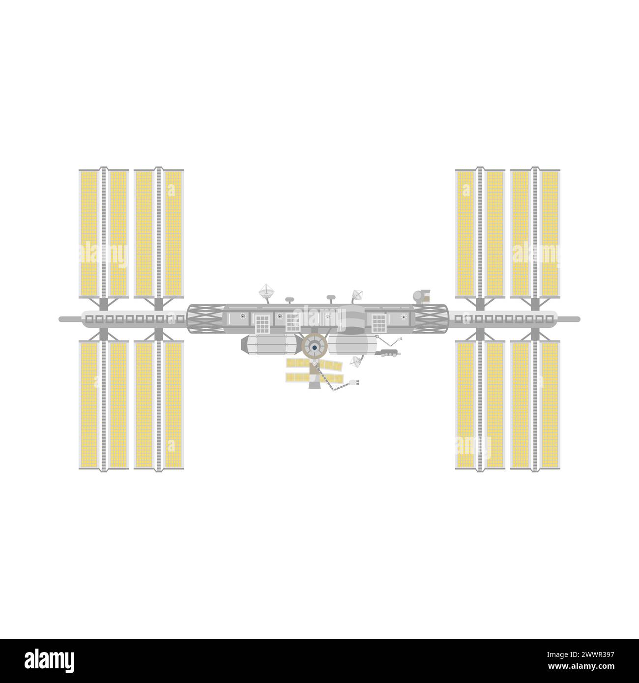 Stazione spaziale internazionale, veicolo spaziale con vista dall'alto e illustrazione vettoriale con pannelli gialli Illustrazione Vettoriale