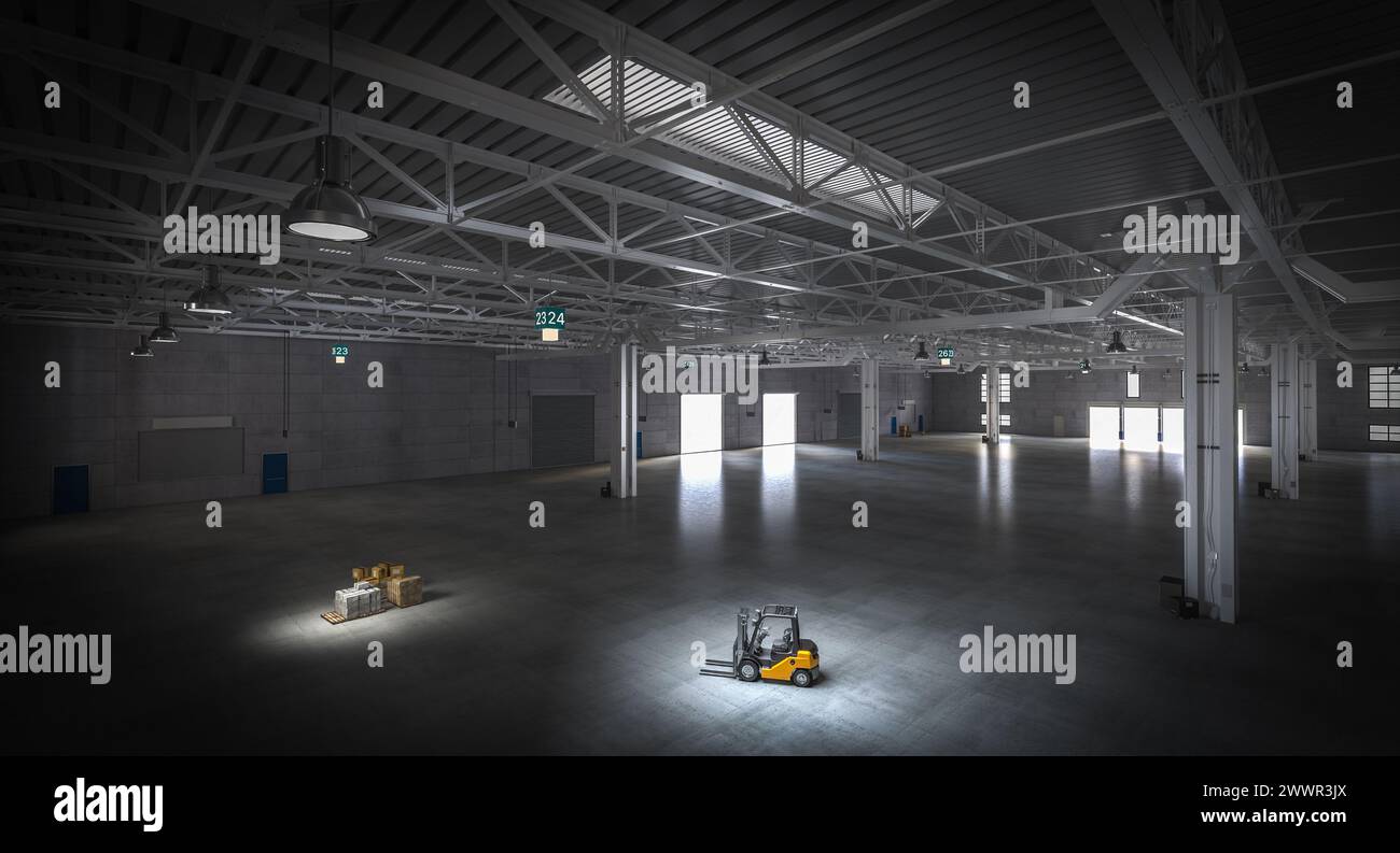 Ampio magazzino industriale con carrello elevatore. rendering 3d. Foto Stock